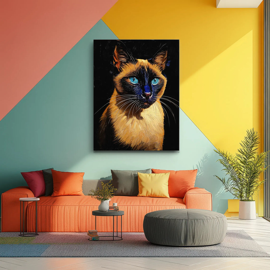 Colorful living room with geometric wall design, featuring a large cat portrait above an orange sofa with multicolored pillows.
