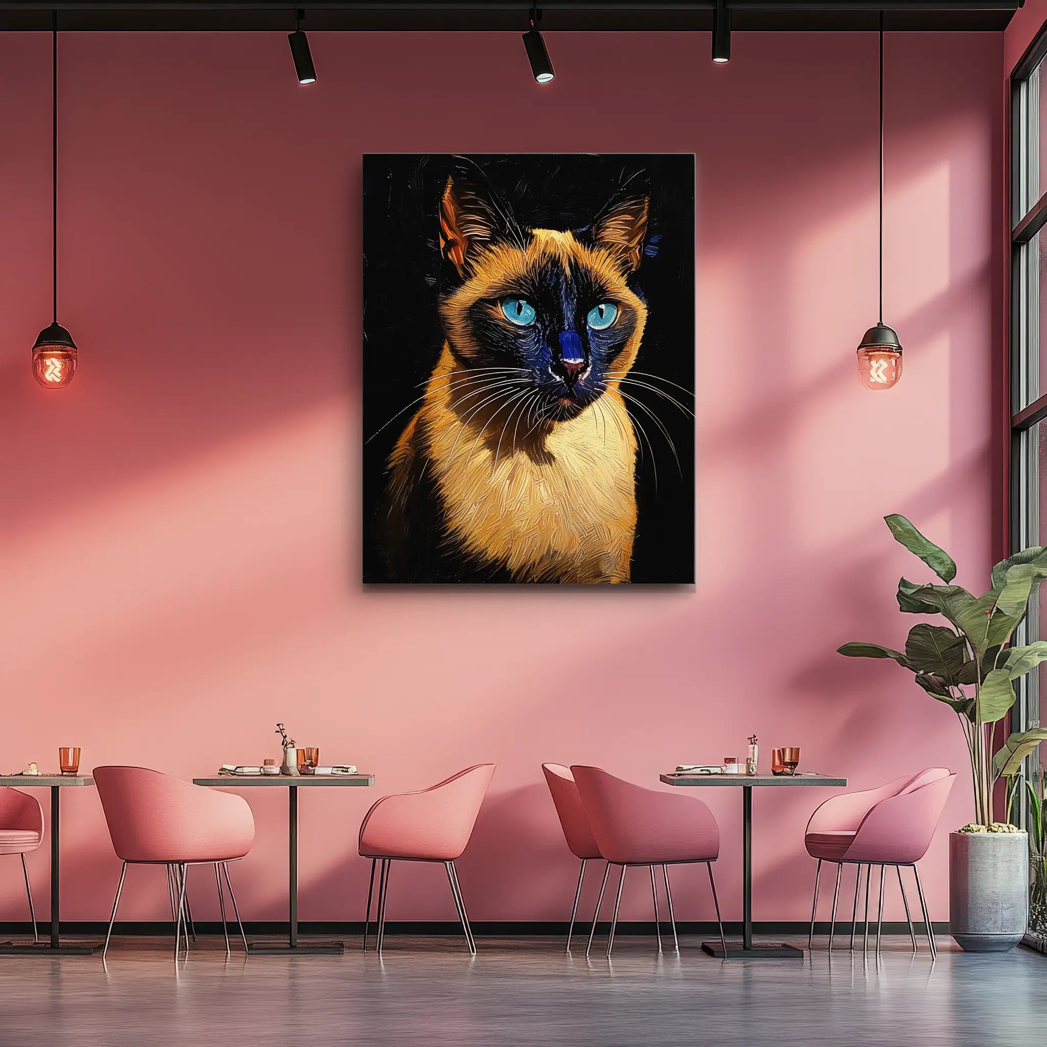 Painting of a Siamese cat with blue eyes on a pink wall in a modern cafe setting.