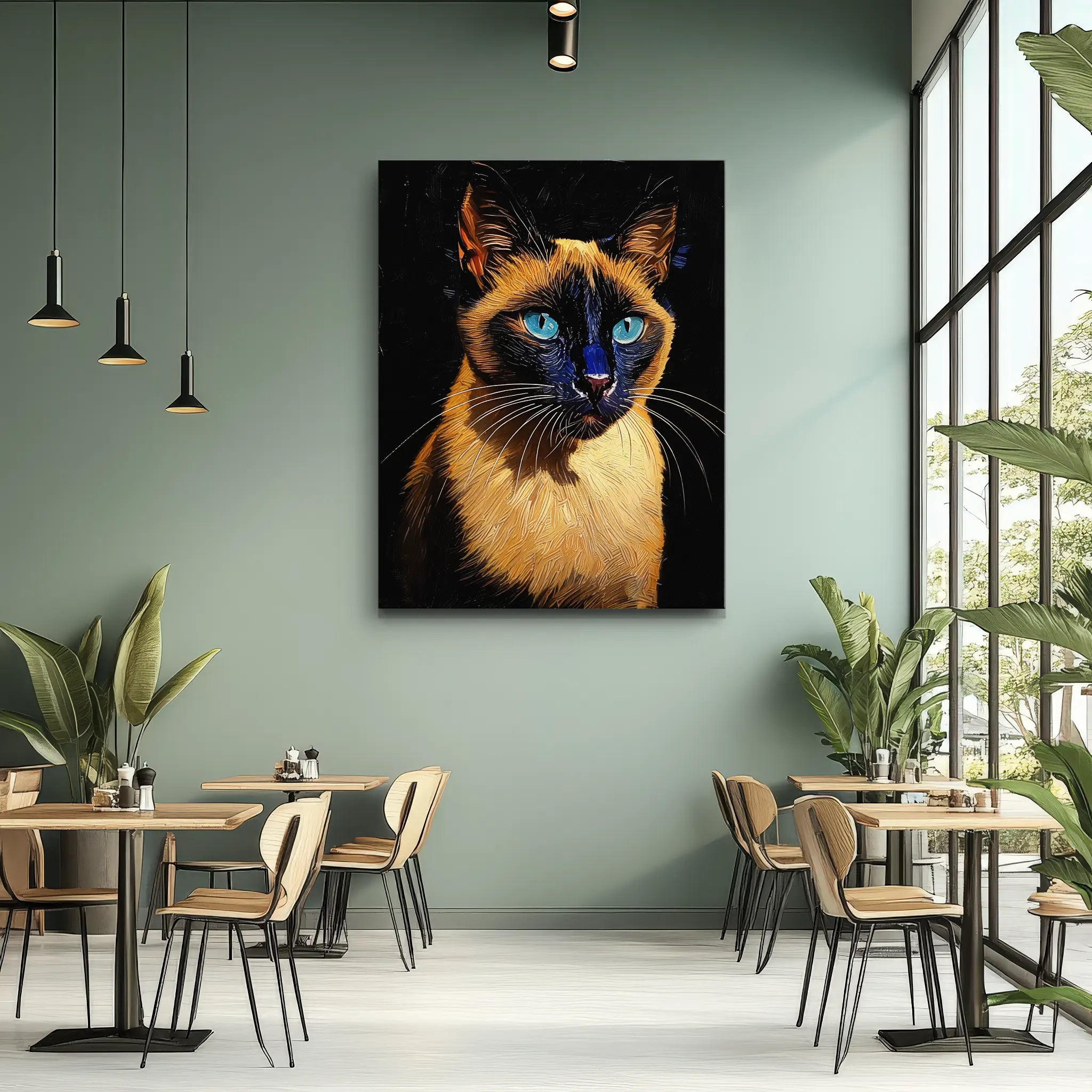 A modern cafe interior with a large, colorful painting of a Siamese cat on the wall, surrounded by tables, chairs, and potted plants.