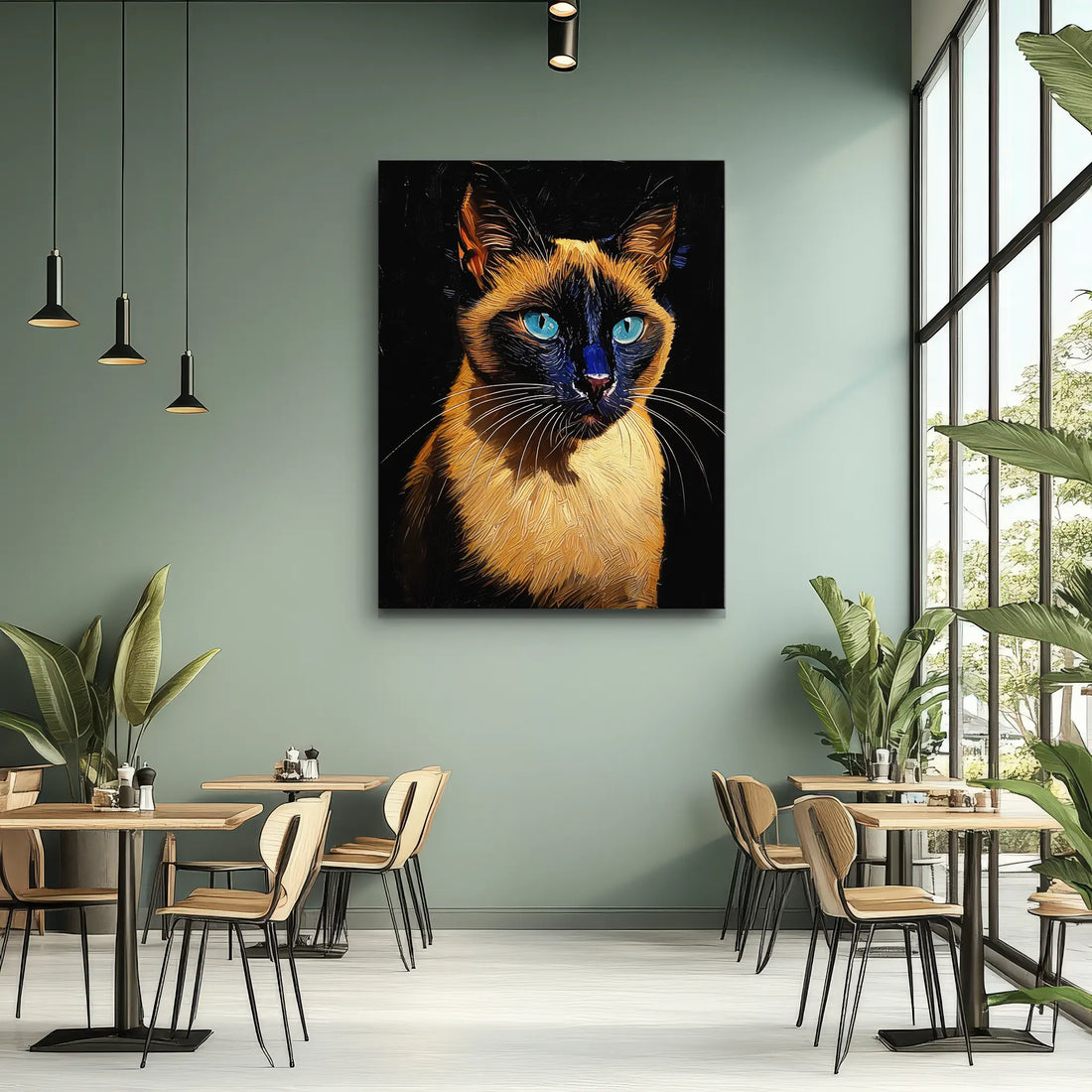 A modern cafe interior with a large, colorful painting of a Siamese cat on the wall, surrounded by tables, chairs, and potted plants.