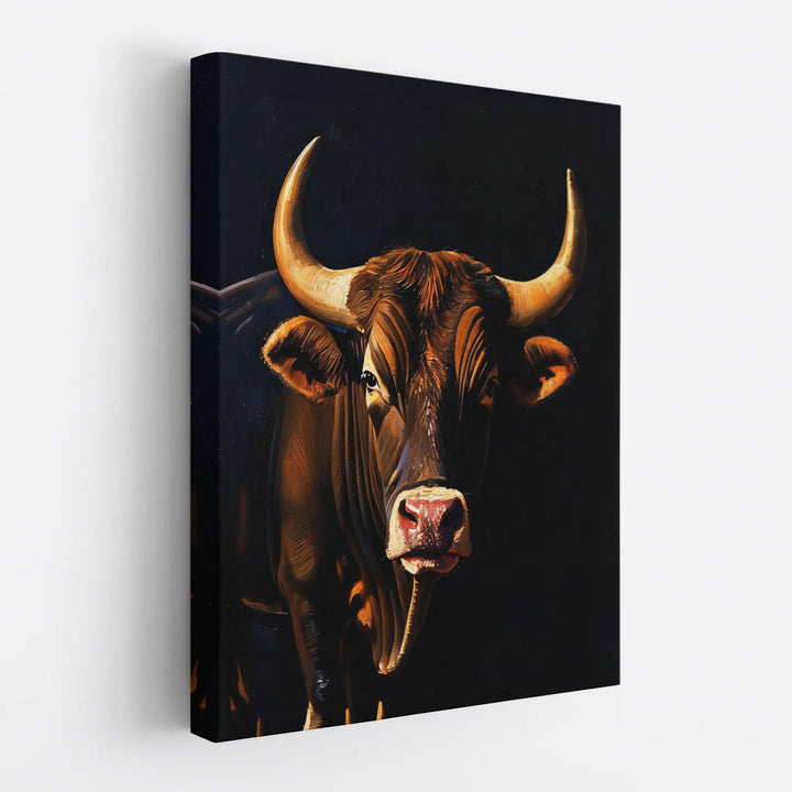 Canvas print featuring a realistic painting of a bull with prominent horns on a dark background.
