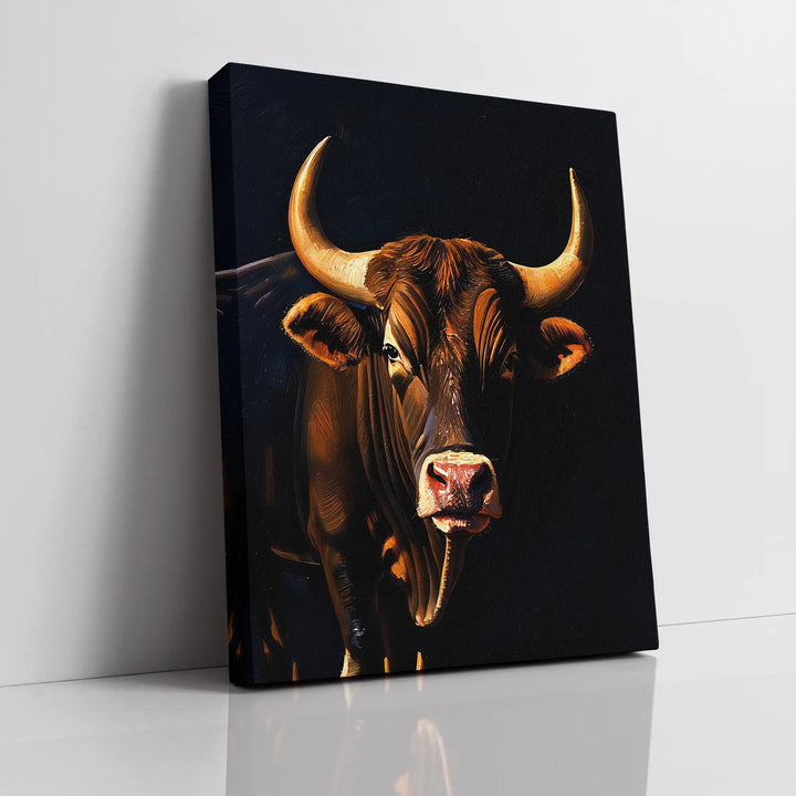 Canvas print featuring a realistic painting of a bull with prominent horns against a dark background.
