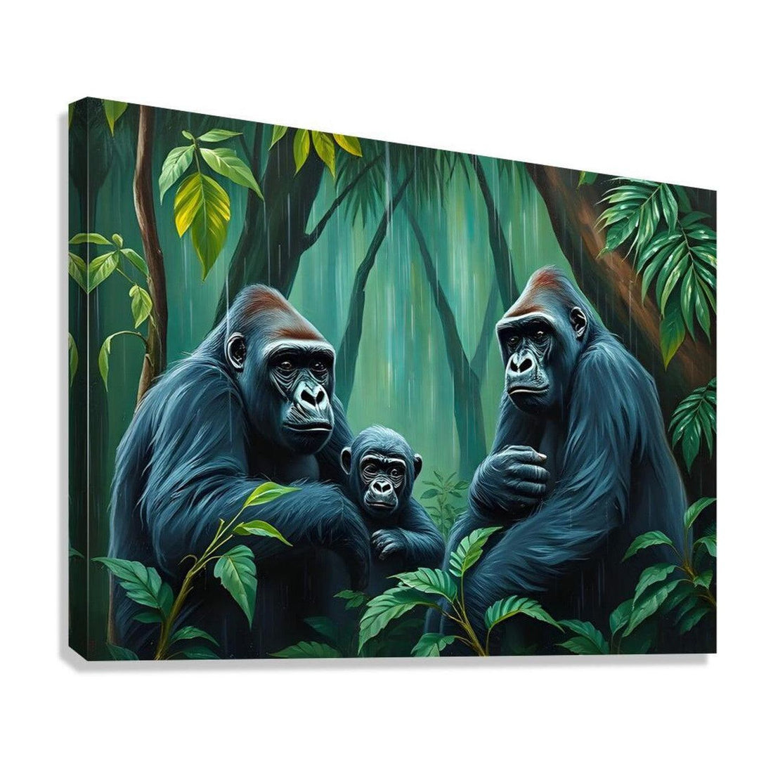 Primates Gorillas In Rainy Forest, Animal Art Print 43803 Giclée Stretched Canvas Print Visual Wall Art