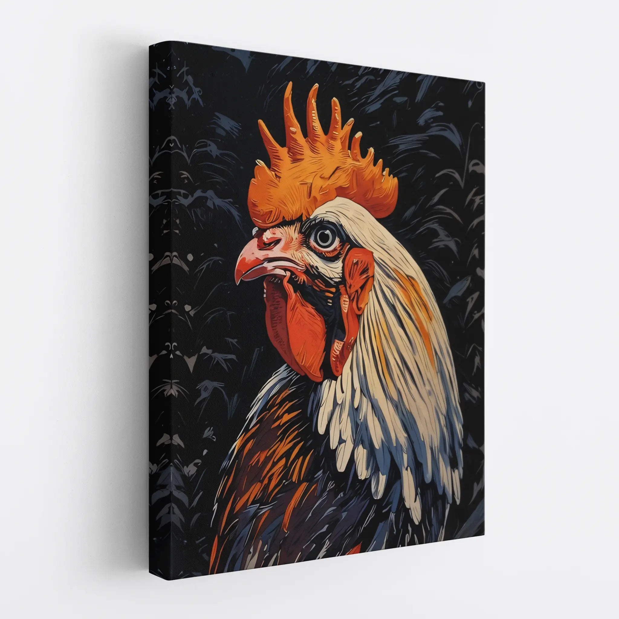 Canvas print featuring a colorful rooster illustration with a dark background.