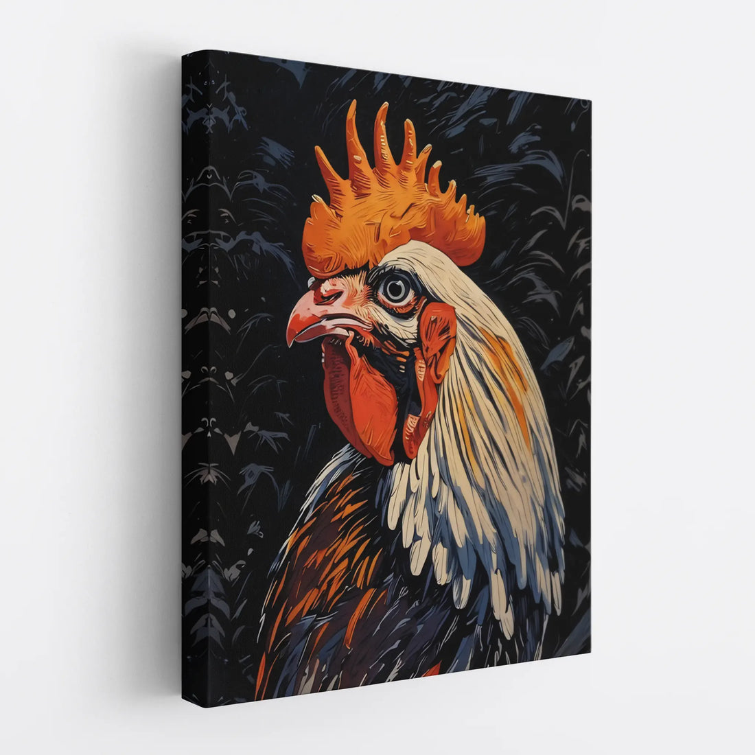 Canvas print featuring a colorful rooster illustration with a dark background.
