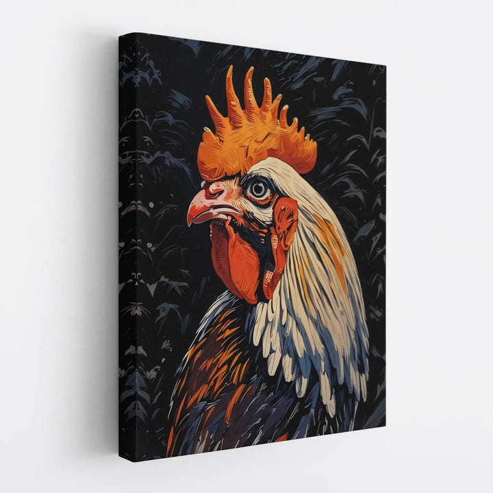 Canvas print featuring a colorful rooster illustration with a dark background.