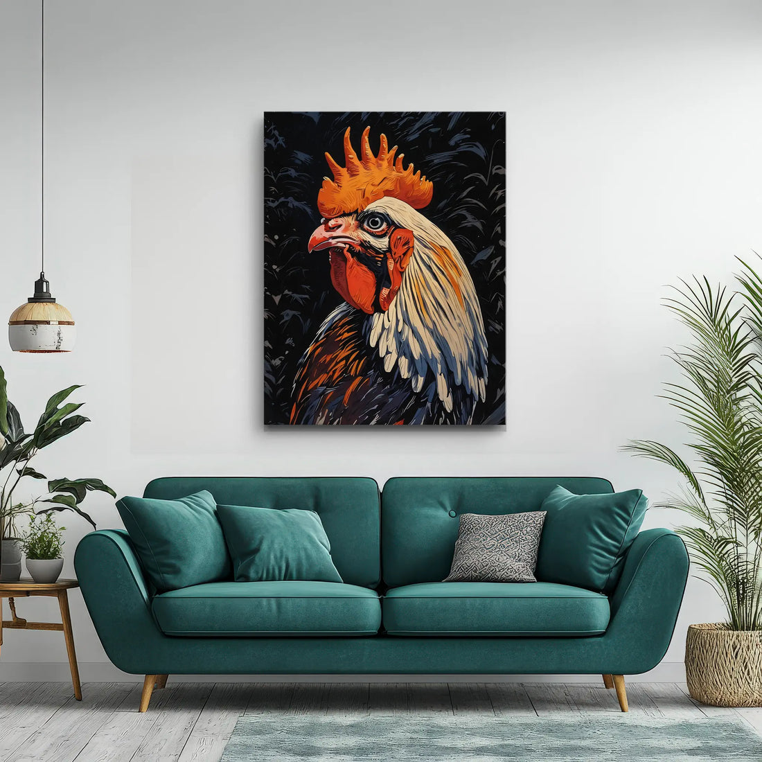 Painting of a rooster on a wall above a teal sofa with cushions, surrounded by plants.