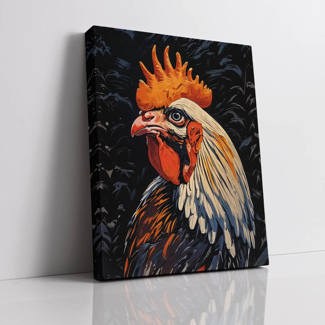 Canvas print featuring a colorful rooster illustration with a dark background.