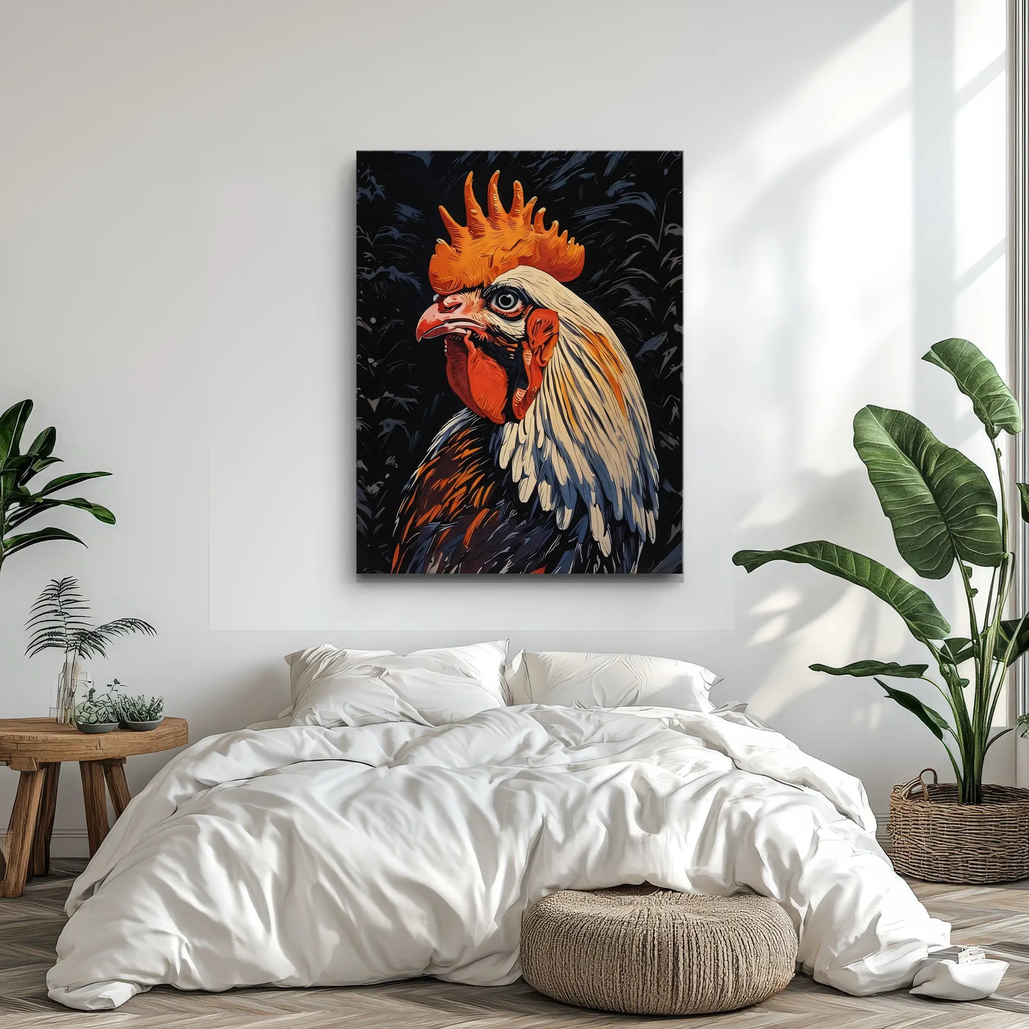 A bedroom with a large rooster painting above a white bed, surrounded by plants and natural decor.