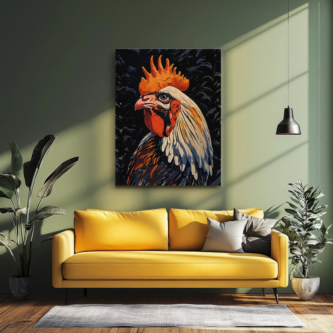 A vibrant painting of a rooster hangs above a yellow sofa in a stylish living room with green walls and plants.