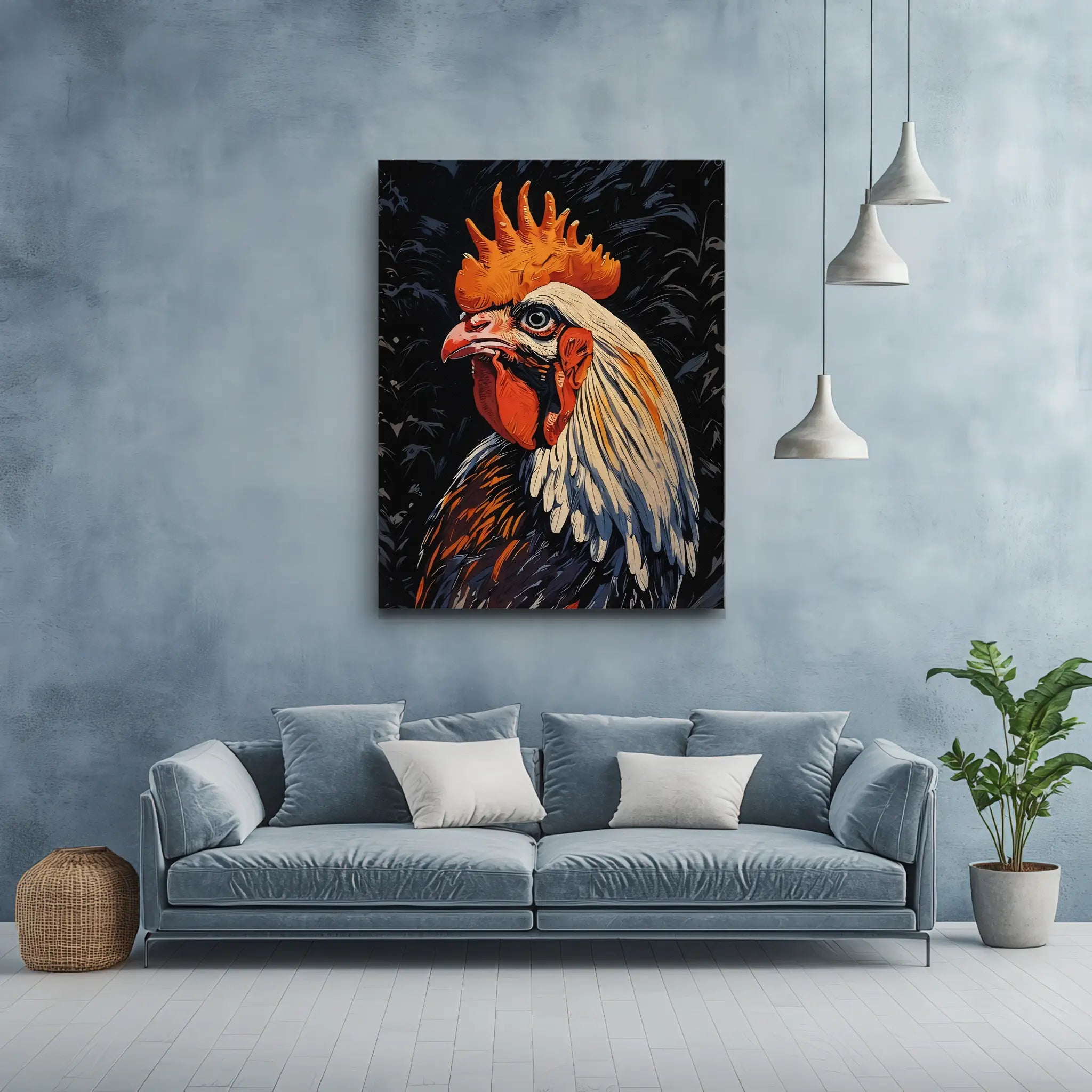 Painting of a rooster on a wall above a blue sofa with cushions, next to a plant and pendant lights.