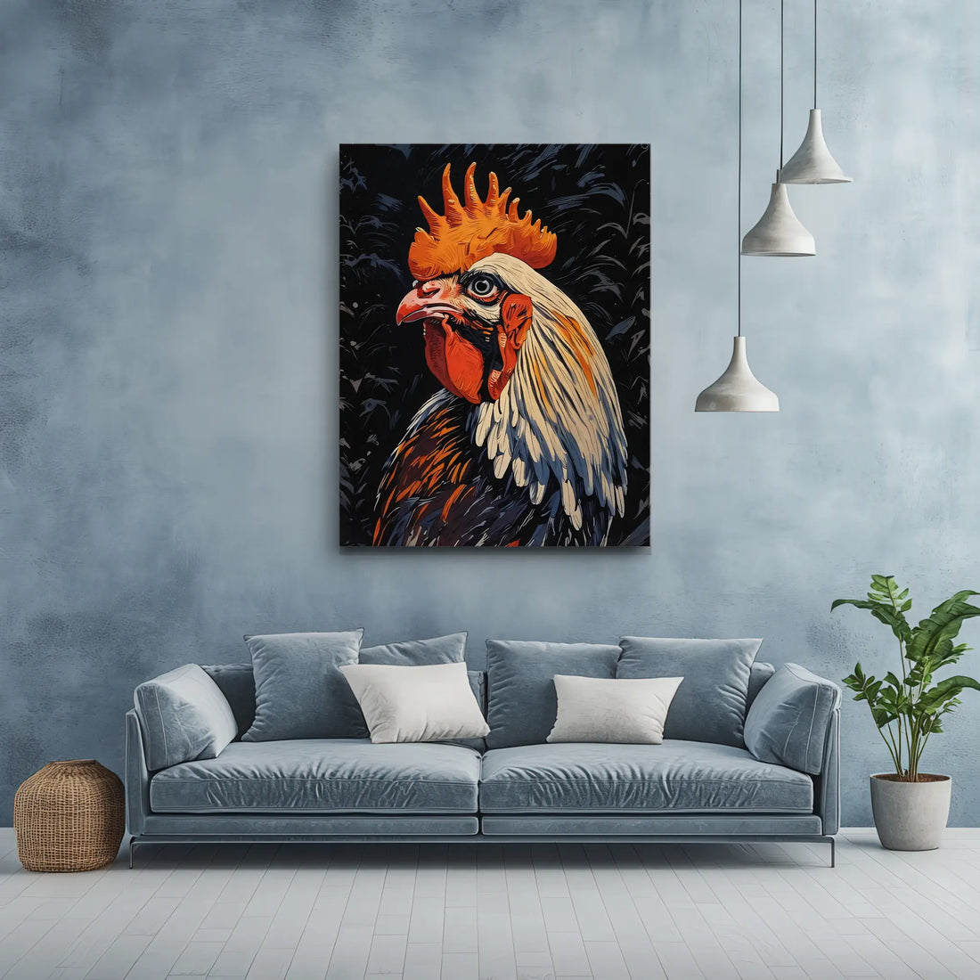 Painting of a rooster on a wall above a blue sofa with cushions, next to a plant and pendant lights.