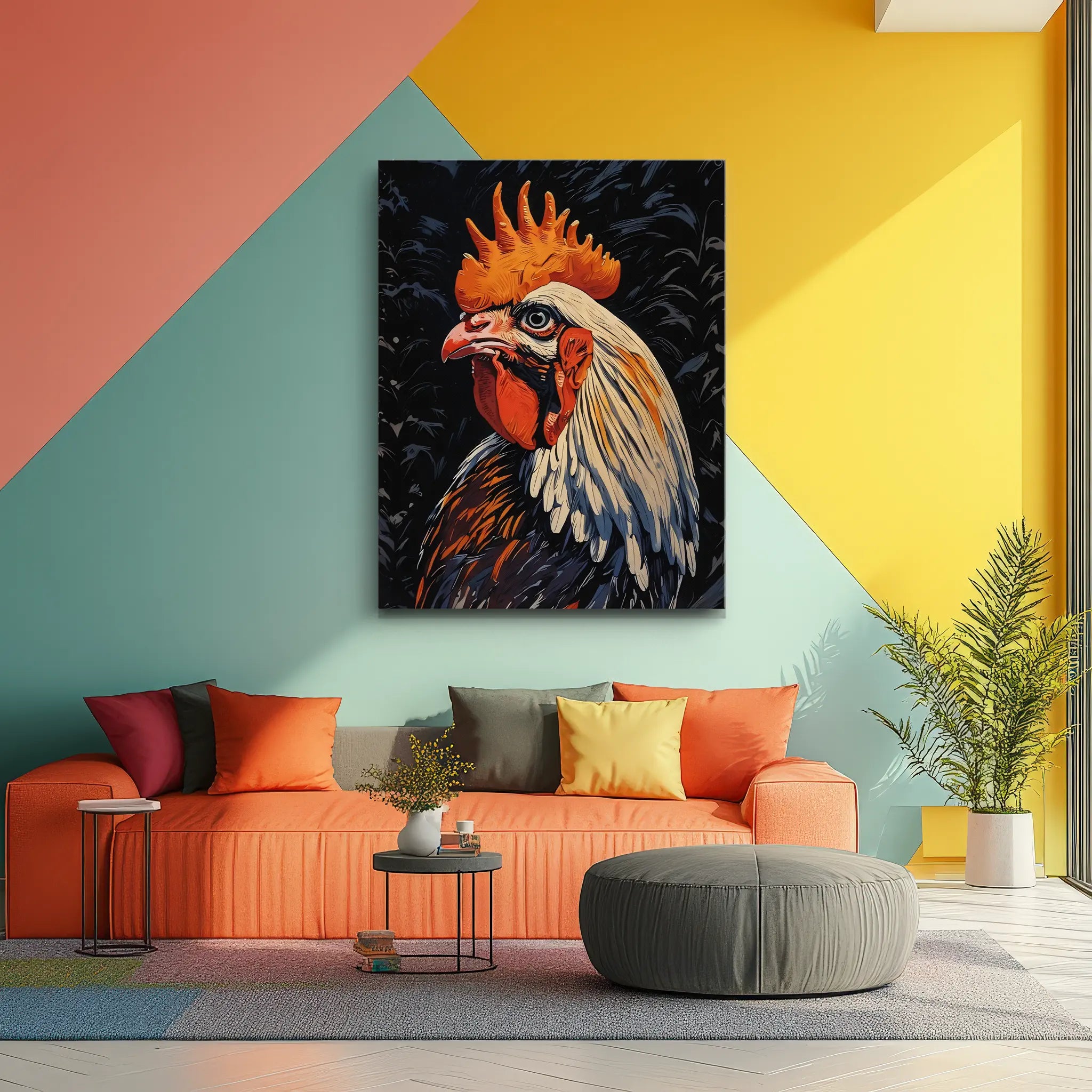 Colorful living room with a vibrant rooster painting, orange sofa, multicolored pillows, and geometric wall design.