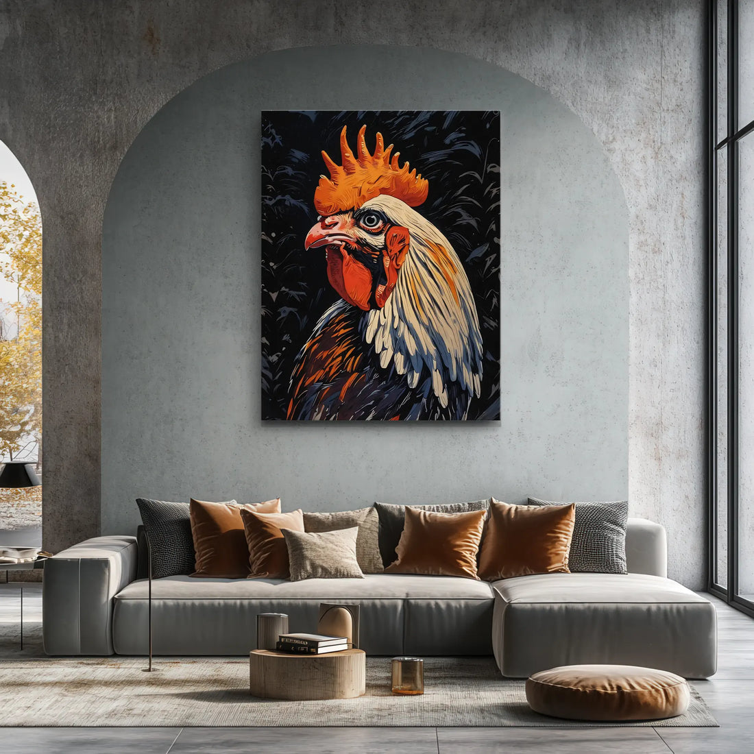 A modern living room with a large rooster painting on the wall above a gray sectional sofa adorned with various cushions.