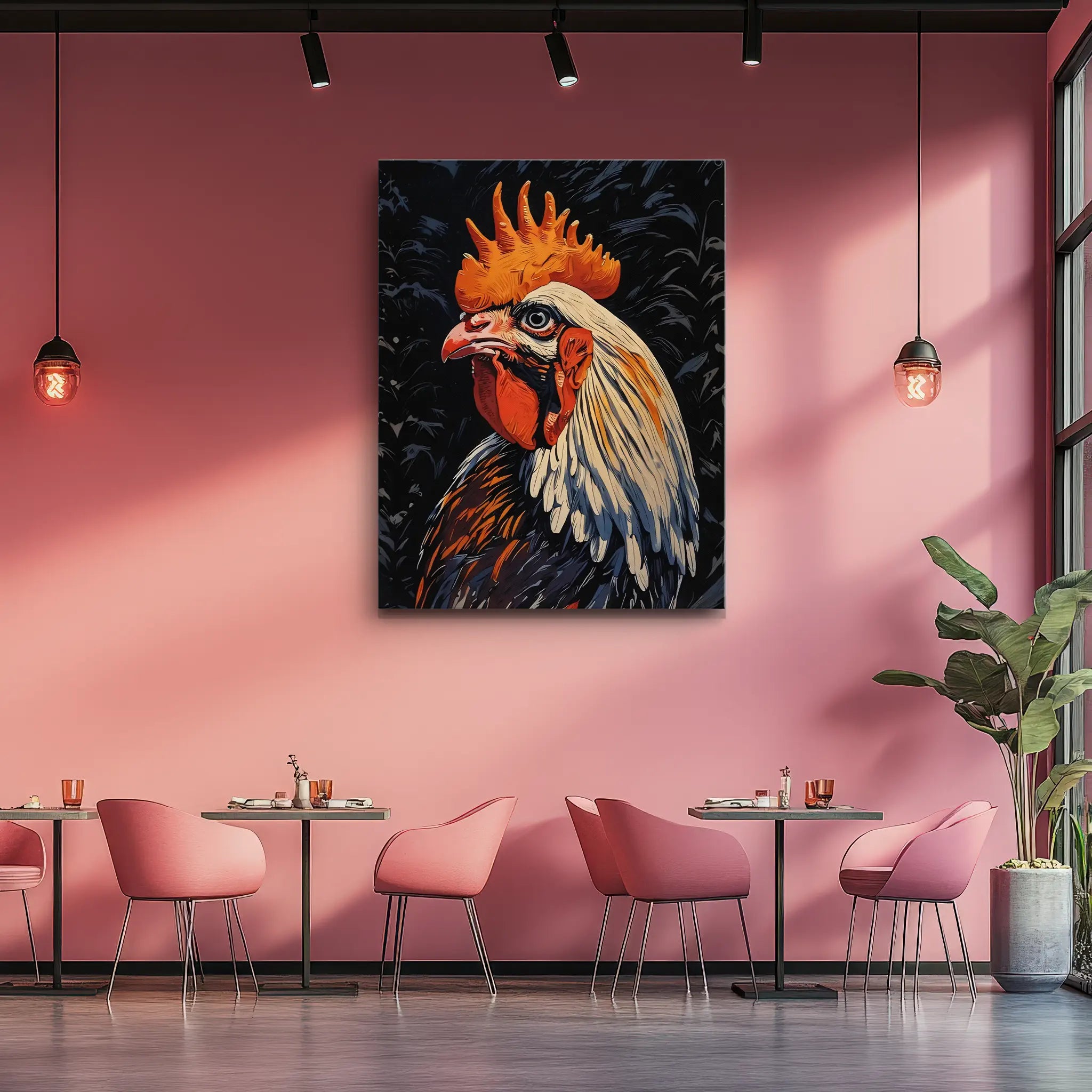 A modern cafe interior with pink walls, featuring a large rooster painting and pink chairs around small tables.