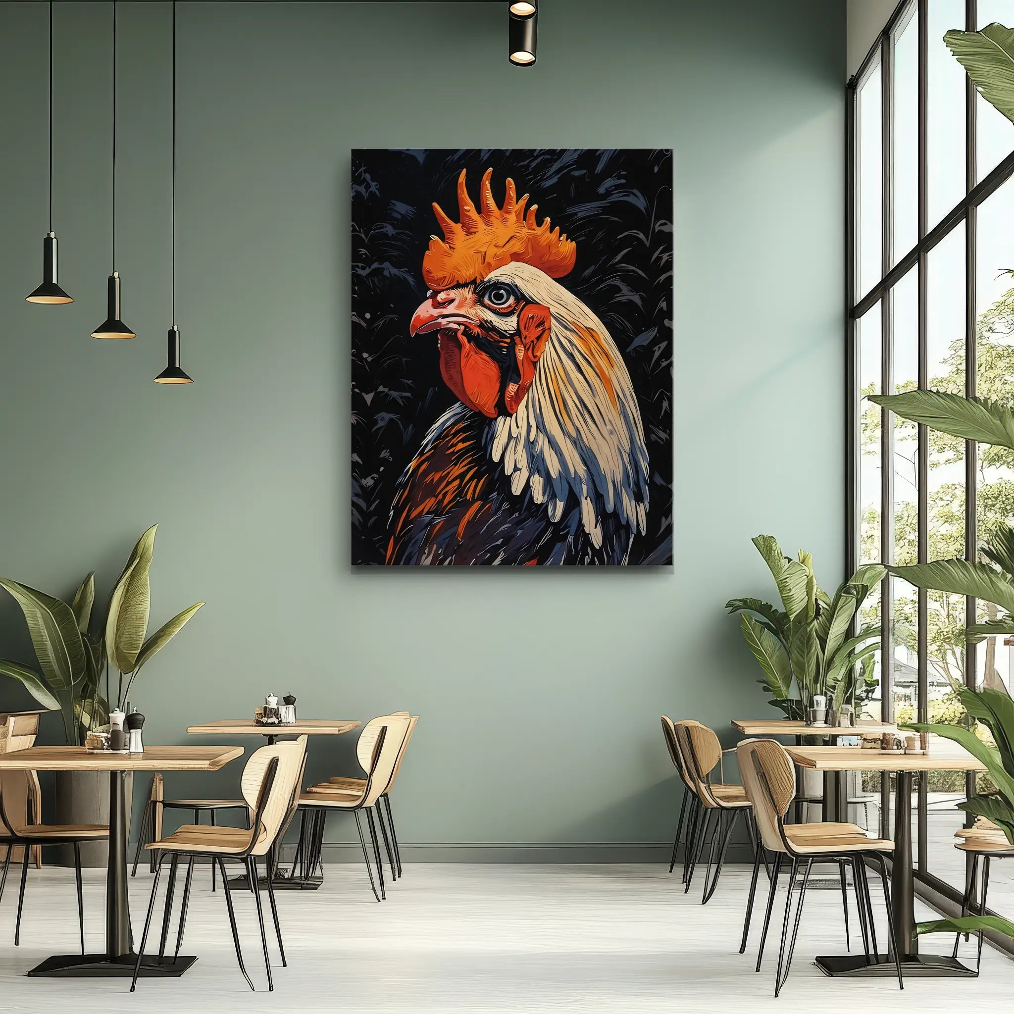 A modern cafe interior with a large, colorful rooster painting on a green wall, surrounded by tables, chairs, and plants.