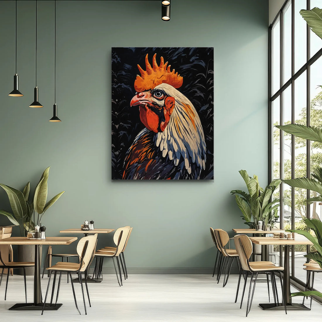 A modern cafe interior with a large, colorful rooster painting on a green wall, surrounded by tables, chairs, and plants.