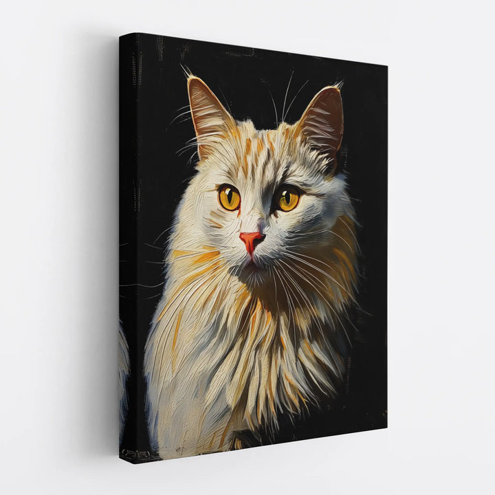 Canvas print of a fluffy cat with golden eyes on a black background.