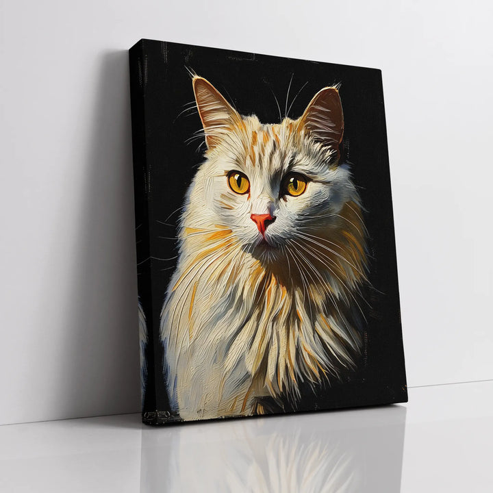A canvas painting of a fluffy cat with golden eyes and a light fur coat against a dark background.