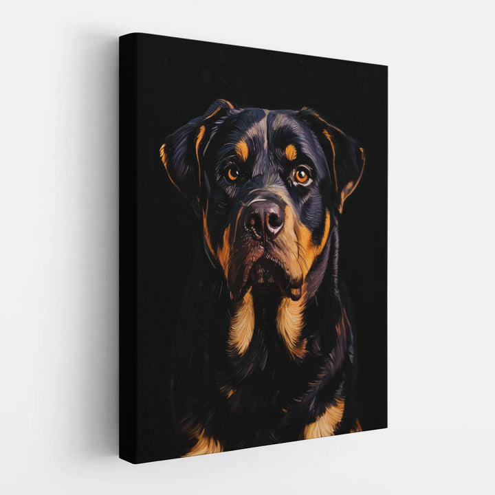Canvas print featuring a realistic portrait of a Rottweiler on a black background.