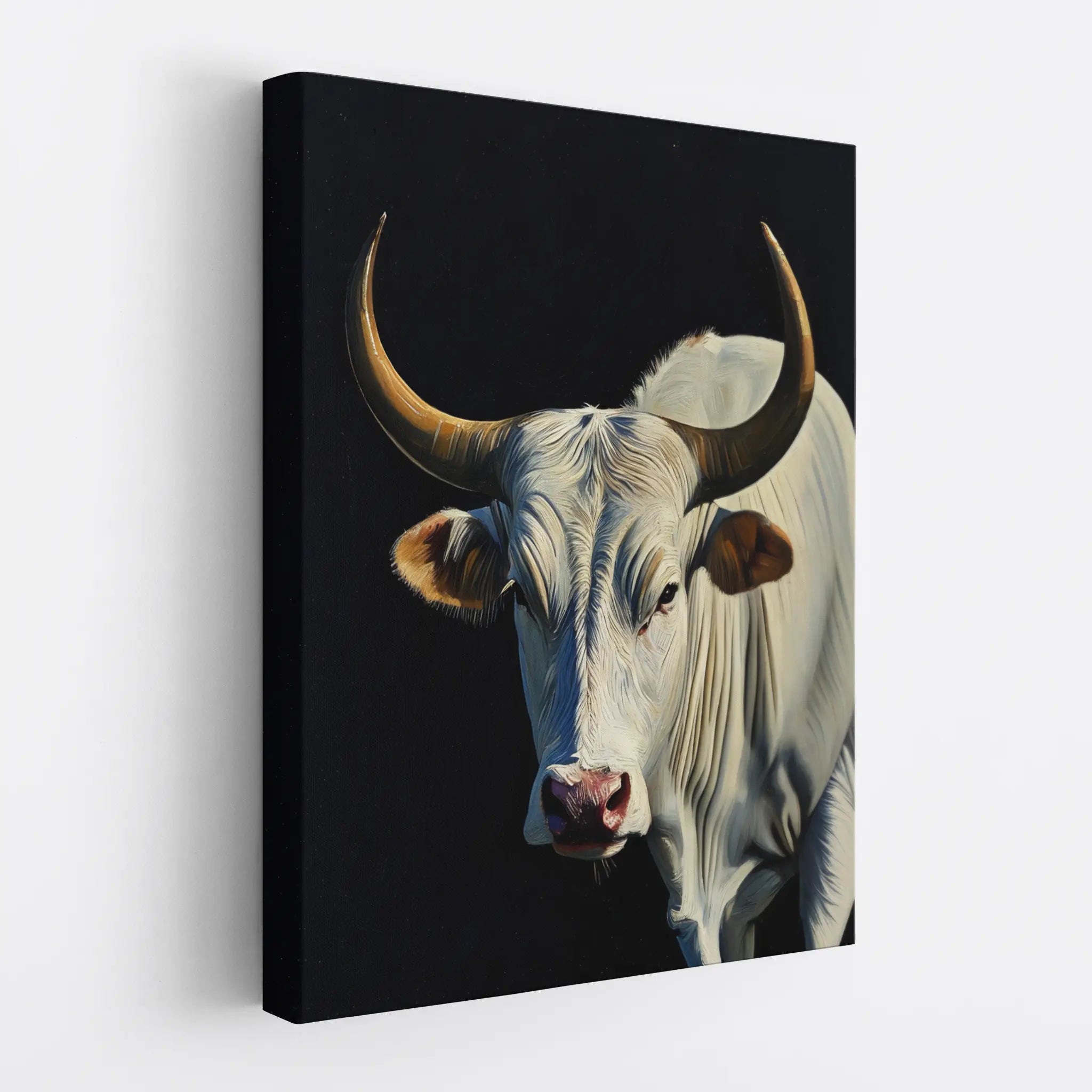 Canvas print featuring a realistic painting of a white bull with prominent horns against a dark background.