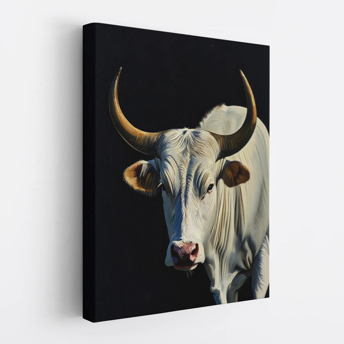 Canvas print featuring a realistic painting of a white bull with prominent horns against a dark background.