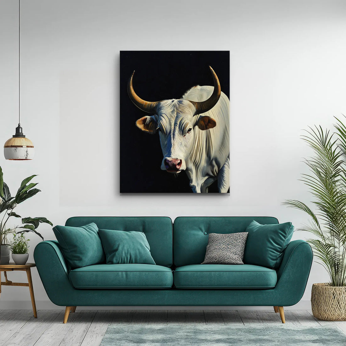 Teal sofa with cushions, large bull painting on wall, pendant light, and potted plants.