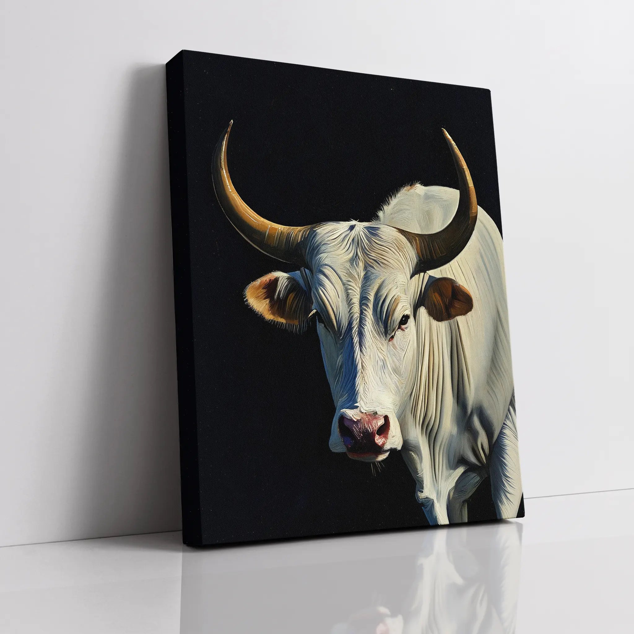 Canvas print featuring a realistic painting of a white bull with prominent horns against a black background.