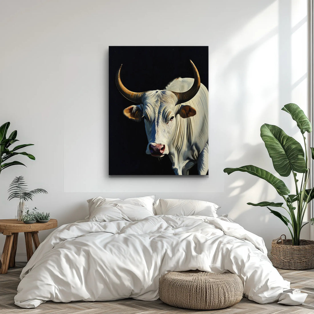 A bedroom with a white bed, a large cow painting on the wall, and green plants.