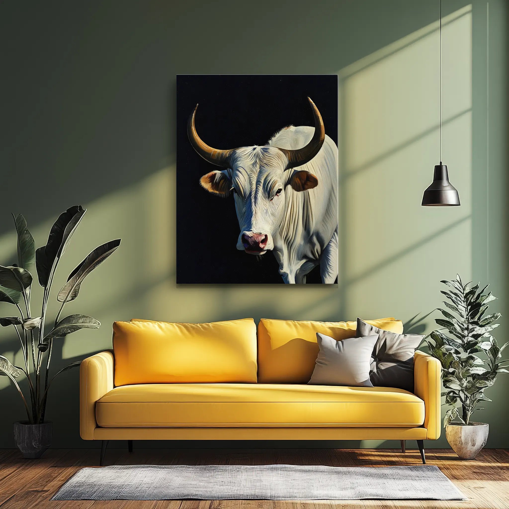 Yellow sofa with gray pillows in a stylish living room, featuring a large bull painting on the wall and surrounded by plants.