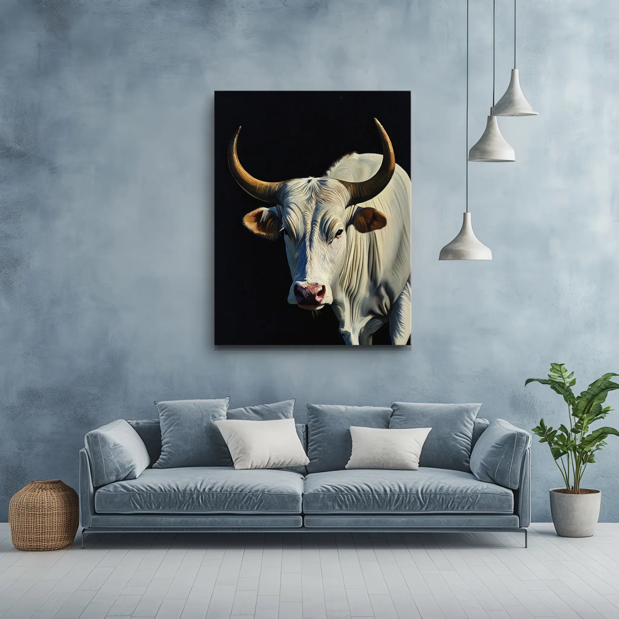 A modern living room with a blue sofa, decorative pillows, a large cow painting, pendant lights, and a potted plant.