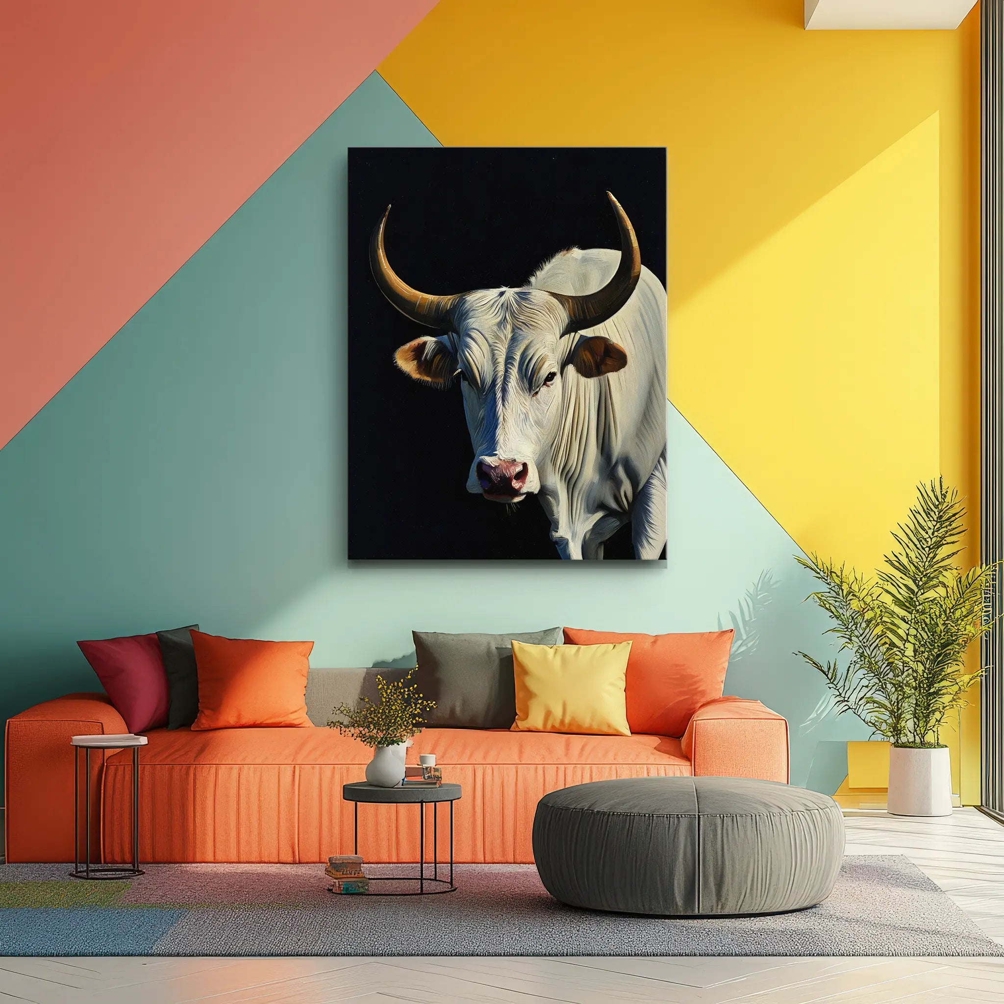 Colorful living room with geometric wall design, featuring a large painting of a white bull with prominent horns above an orange sofa with multicolored pillows.