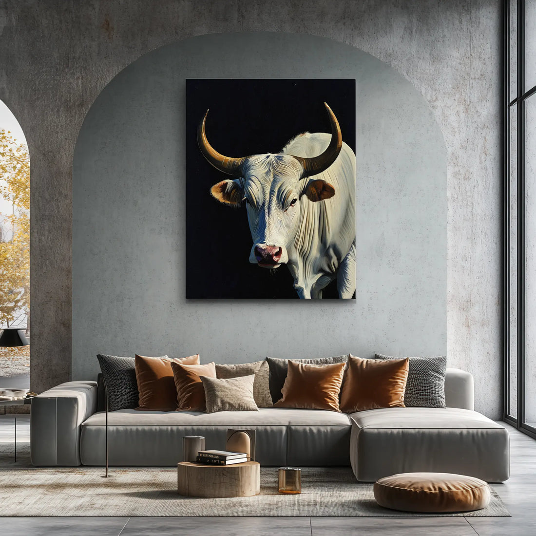 A modern living room with a large painting of a white bull with prominent horns on the wall above a gray sectional sofa adorned with assorted cushions.