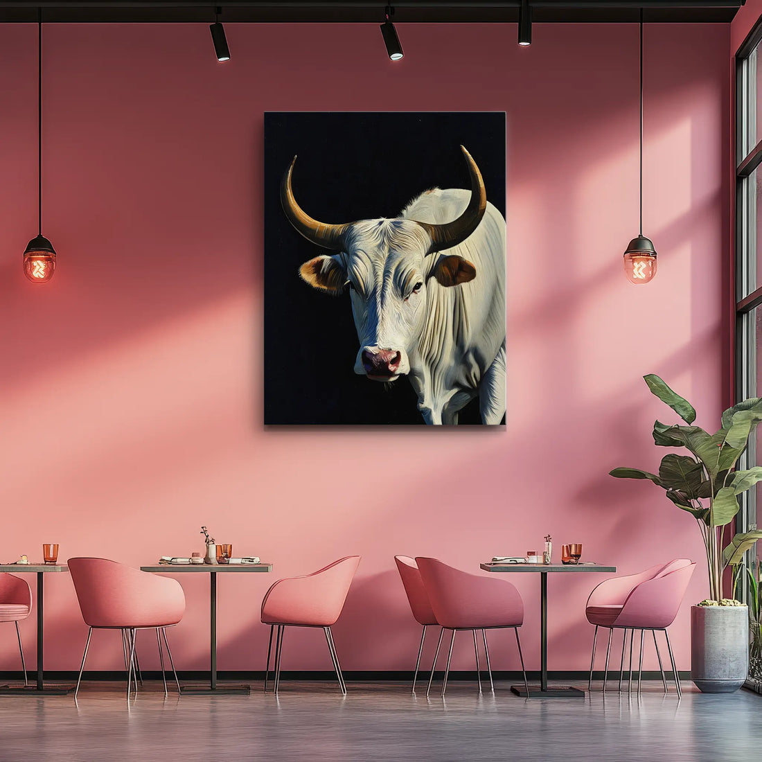 A modern dining area with pink walls, featuring a large painting of a white bull with prominent horns.
