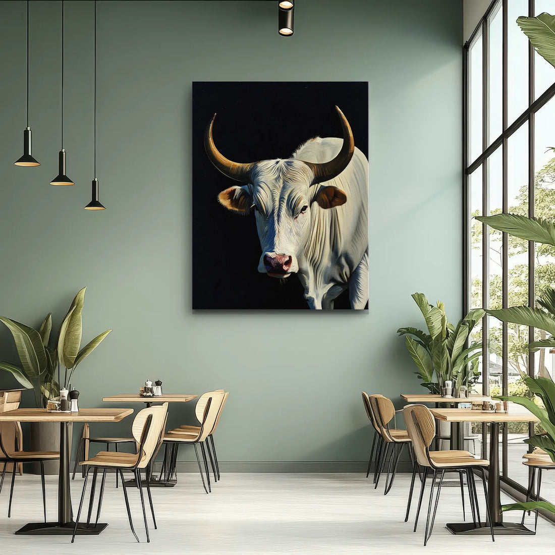 A modern cafe interior with a large painting of a white bull on the wall, surrounded by tables and chairs, and decorated with plants.
