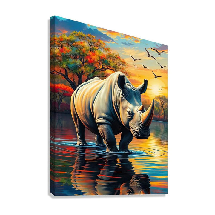 Rhino Portrait Standing In Water, Animal Art Print 34822 Giclée Stretched Canvas Print Visual Wall Art