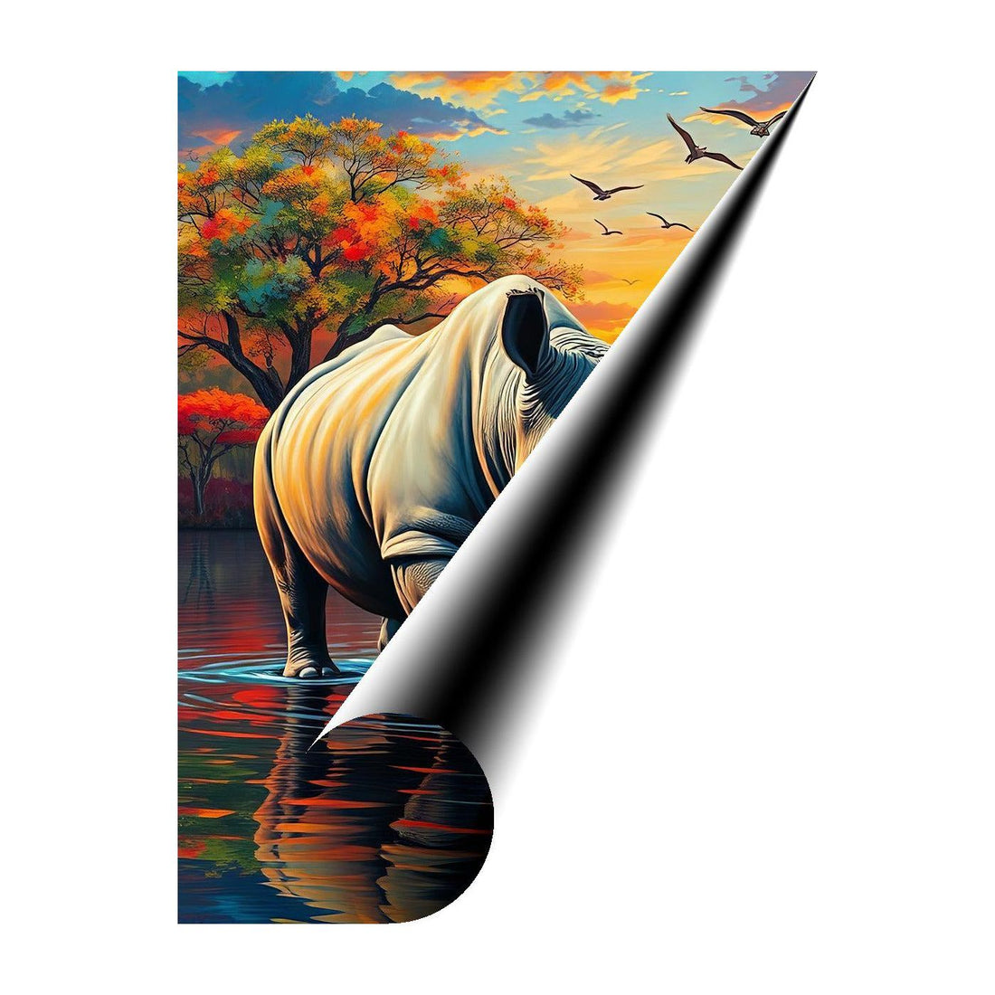 Rhino Portrait Standing In Water, Animal Art Print 34822 Giclee Rolled Canvas Print Visual Wall Art