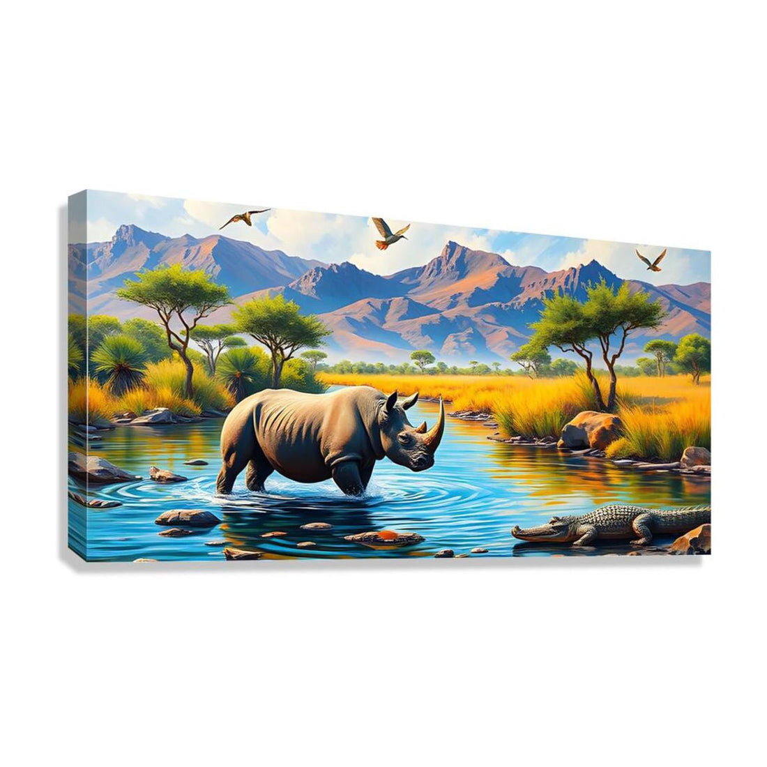 Rhino Vs Crocodile, Animal Art Print 21300 Giclée Stretched Canvas Print Visual Wall Art