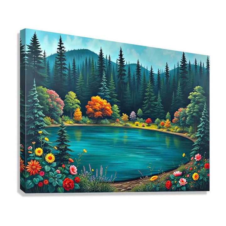 Round Nestled Lake Nature Art Print 43728 Giclée Stretched Canvas Print Visual Wall Art