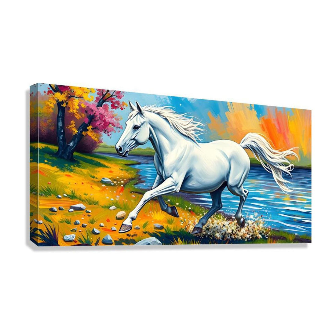 Running White Horse, Animal Art Print 21800 Giclée Stretched Canvas Print Visual Wall Art