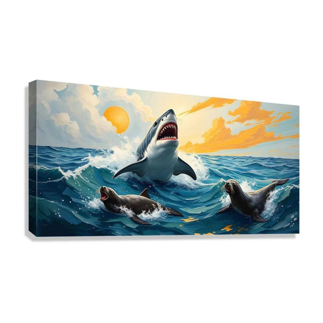 Seals Chased By Hungry Shark, Animal Art Print 21401 Giclée Stretched Canvas Print Visual Wall Art