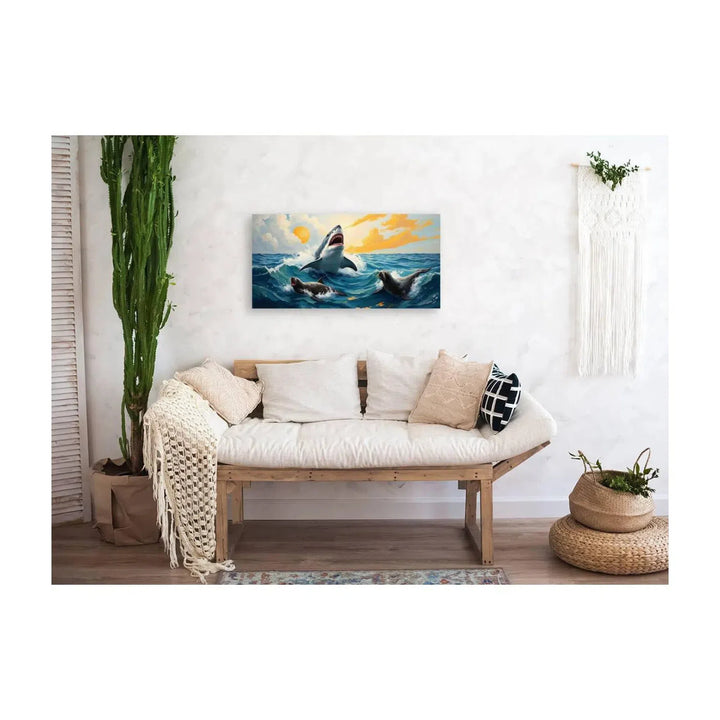 Seals Chased By Hungry Shark, Animal Art Print 21401 Visual Wall Art