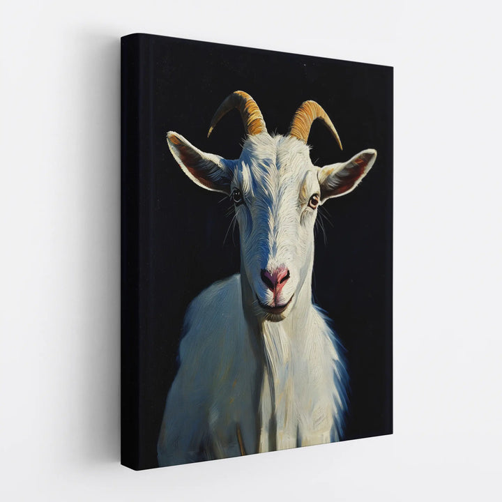 Canvas print featuring a realistic painting of a white goat with curved horns against a dark background.