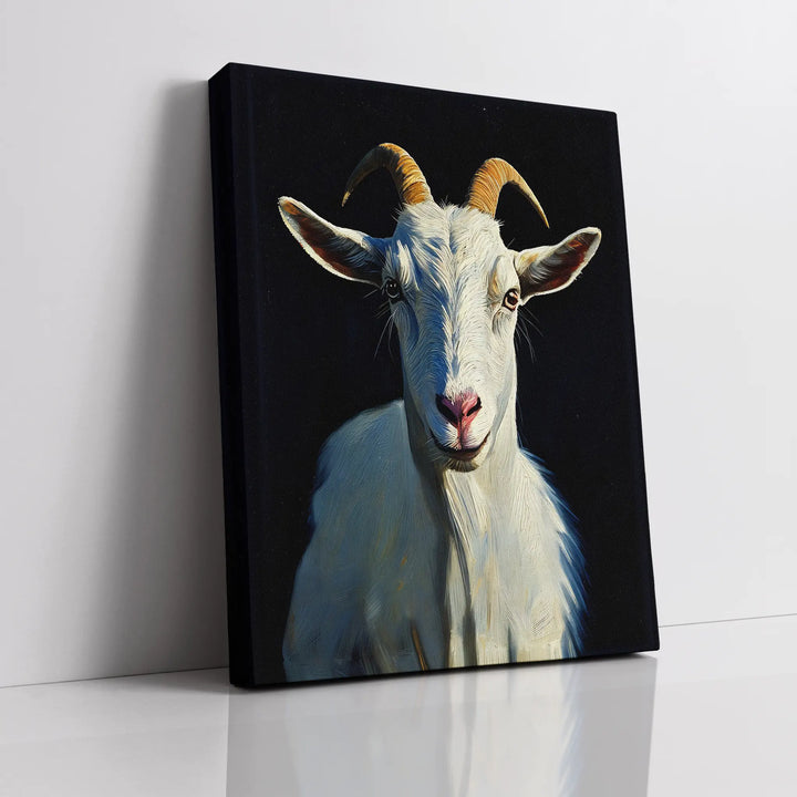 Canvas print featuring a realistic painting of a goat with a dark background.