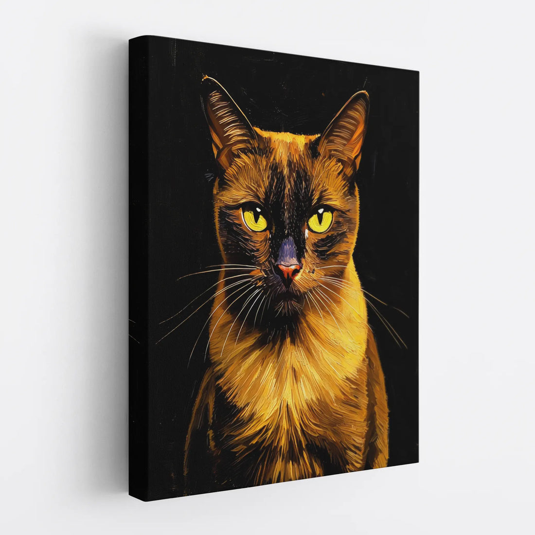 A digital painting of a cat with striking yellow eyes on a black canvas.