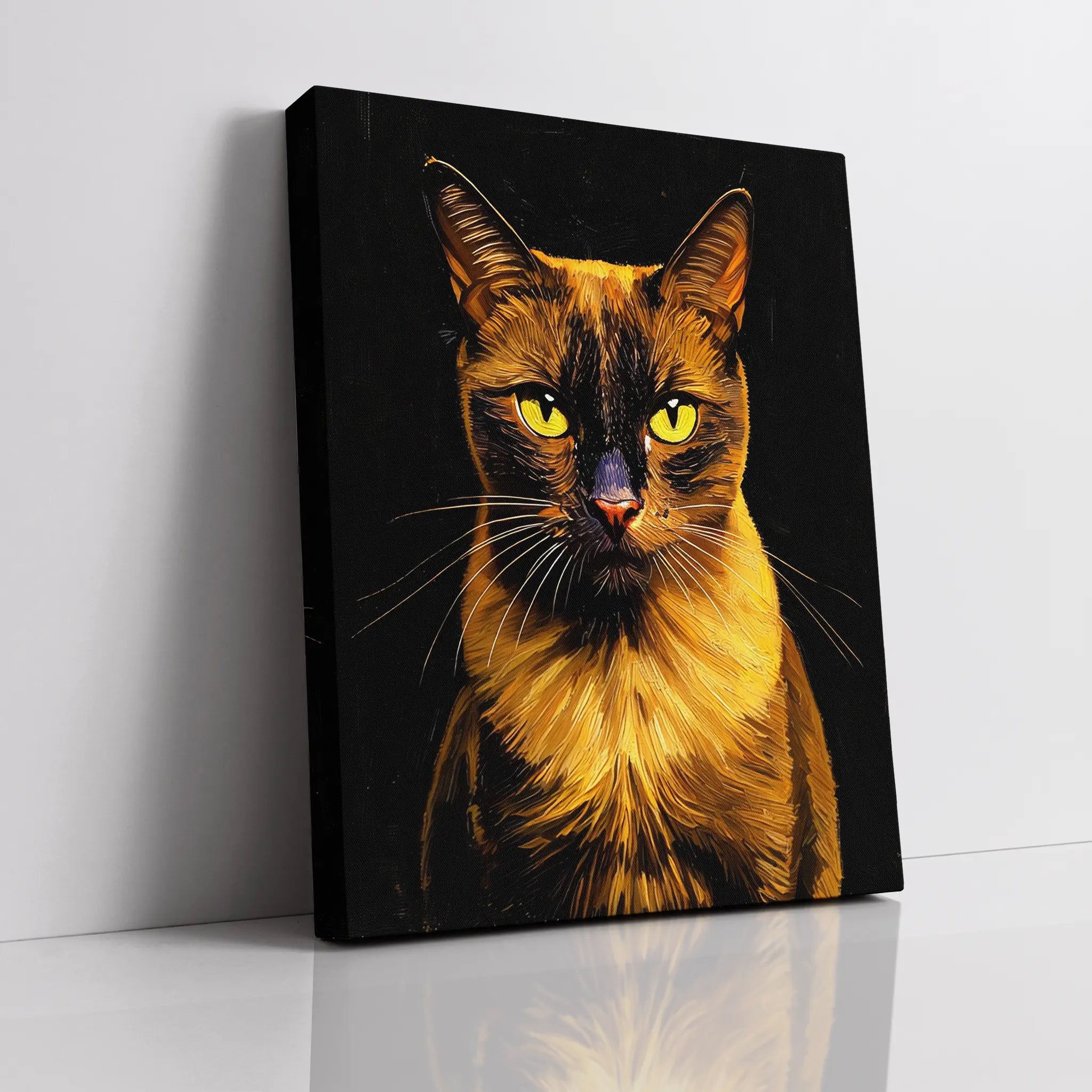 A canvas print featuring a stylized portrait of a cat with vivid yellow eyes and a dark background.