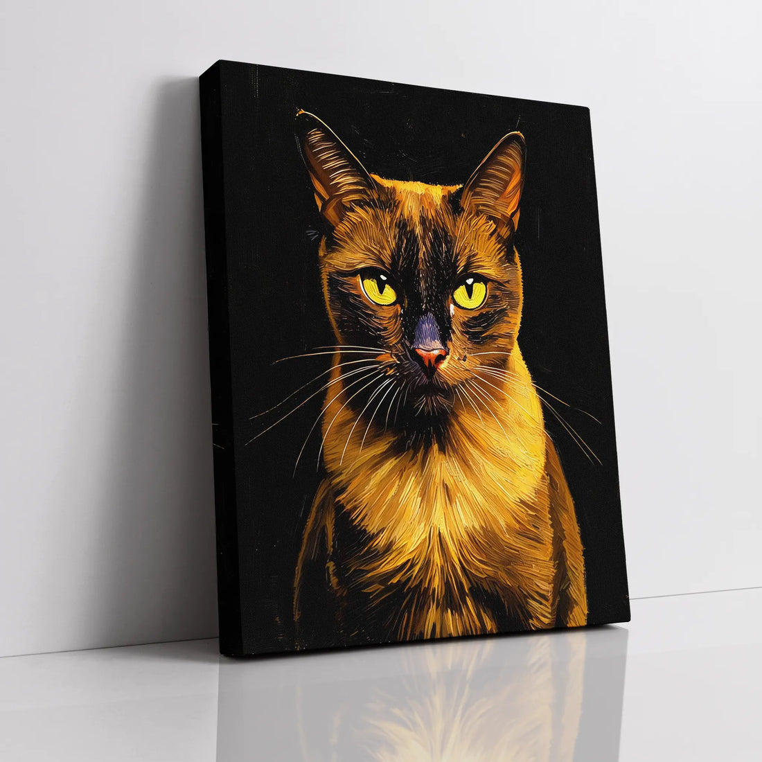 A canvas print featuring a stylized portrait of a cat with vivid yellow eyes and a dark background.