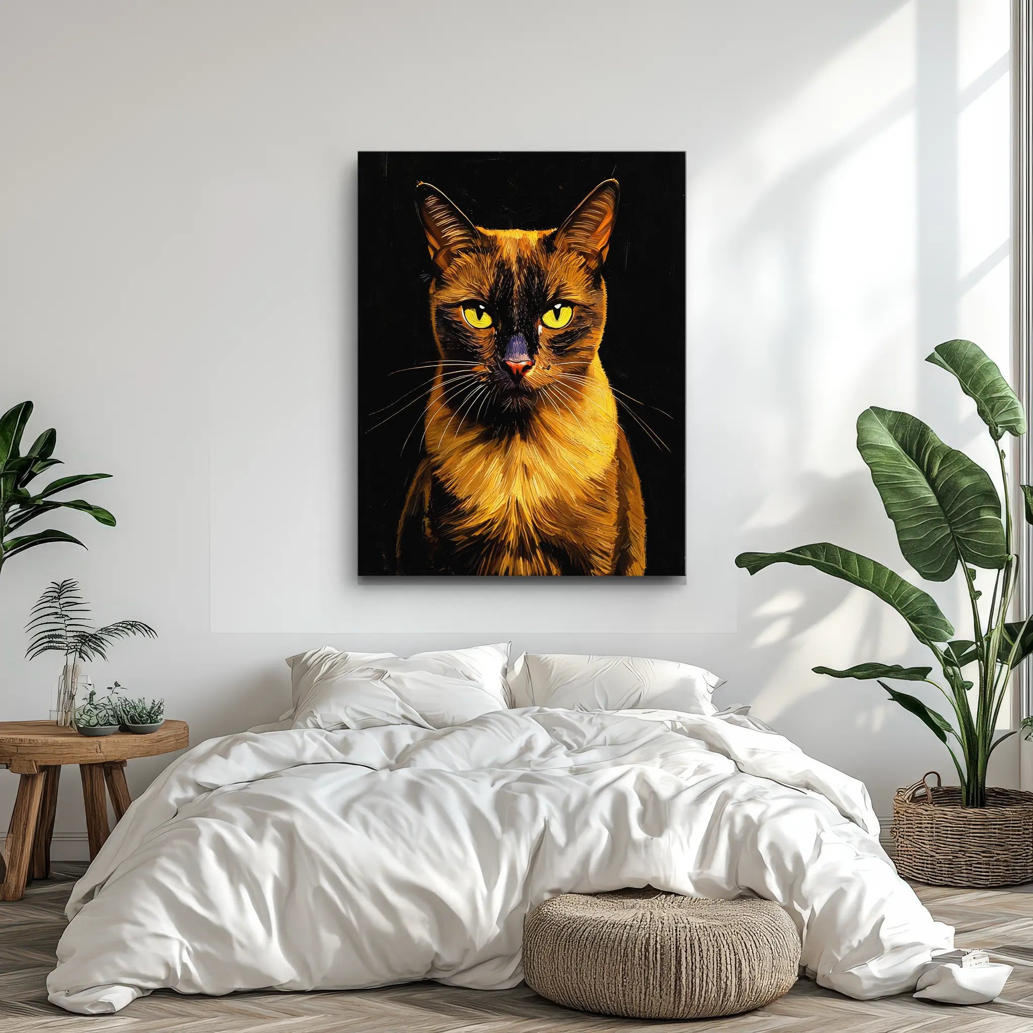 A cozy bedroom with a large cat portrait on the wall, white bedding, a wooden side table, and green plants.