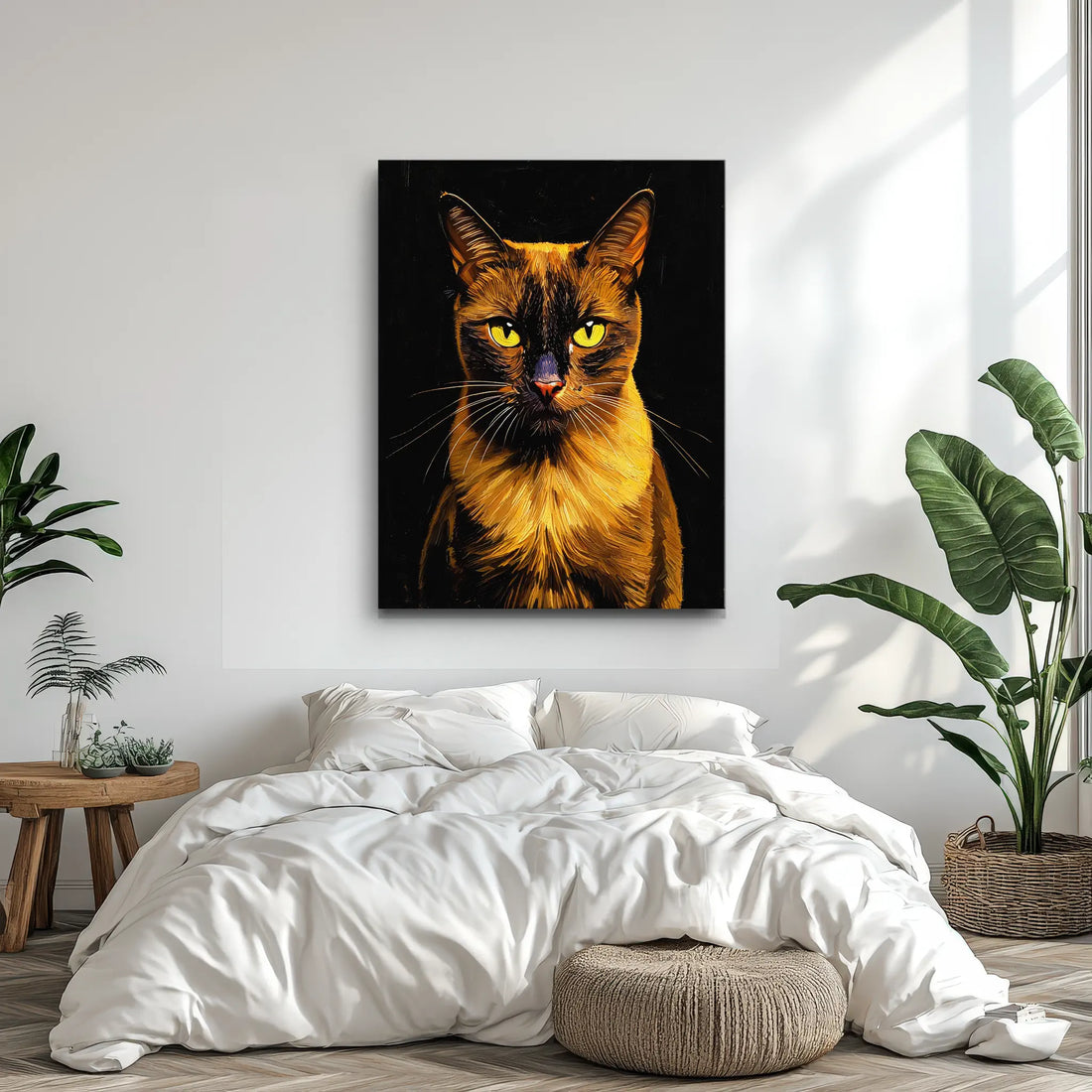 A cozy bedroom with a large cat portrait on the wall, white bedding, a wooden side table, and green plants.