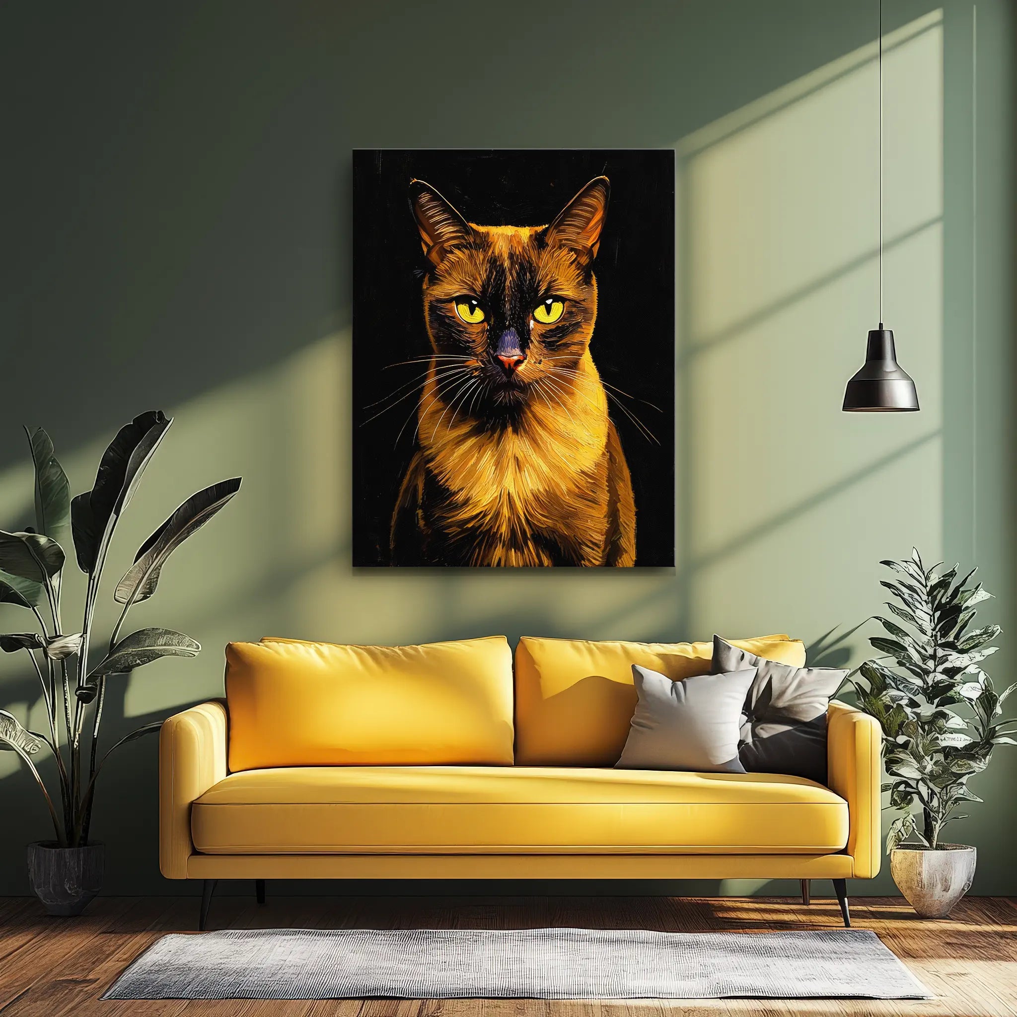 A yellow sofa with cushions in a modern living room, featuring a large cat portrait on the wall and surrounded by plants.